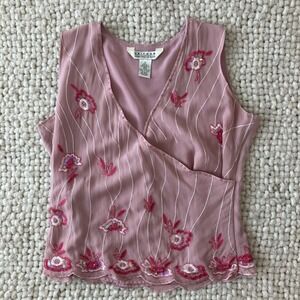 Uniform Silk Sheer Pink Wrap Style Embroidered Floral Sequin Fairy Blouse Med